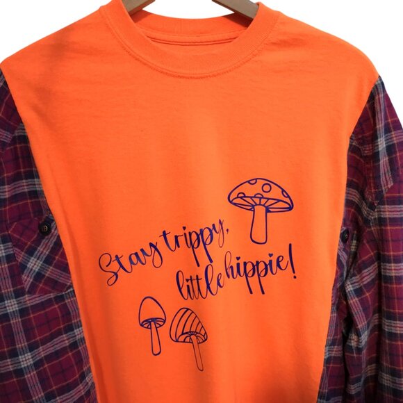 Reworked Flannel Tee, Plus Size: Upcycled Oversized Hippie Shirt, Mushrooms - Picture 3 of 11